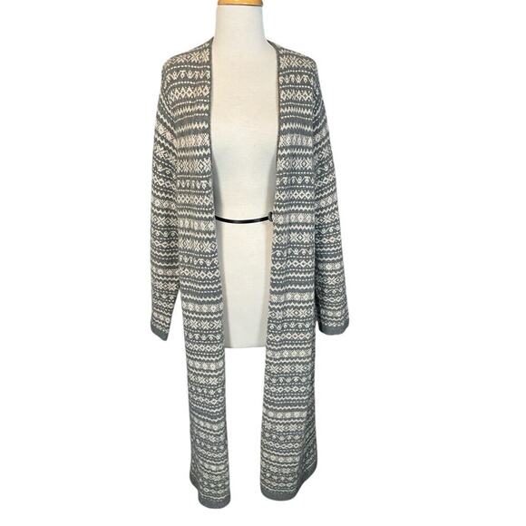 J.JILL Long Fair Isle Bounce Cardigan Singe Button Charcoal Heather Oatmeal Med - Picture 4 of 13